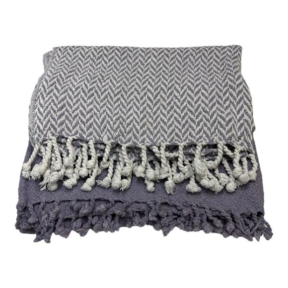 Modern Threads Tassel Throw Blanket Set Of 2 Purple Chevron Lilac 100% Cotton - Picture 1 of 7